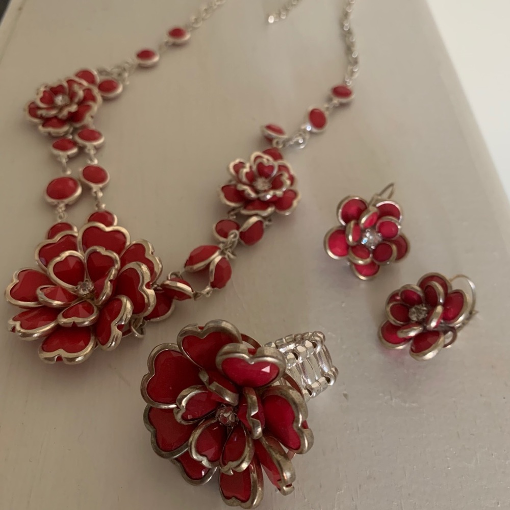 Pink flower silver jewelry set